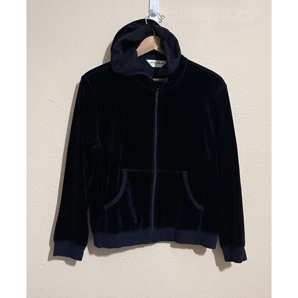 3/$20 Eddie Bauer Jacket Black Velour Hooded Zip Front Large Long Sleeve